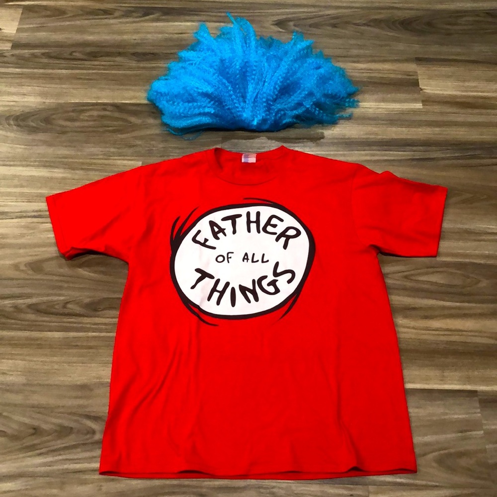 Dr. Seuss “Father of all things” shirt and blue wig